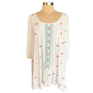 Umgee Cream Tunic Top Turquoise Rust Aztec Embroidery MEDIUM Peasant Gypsy